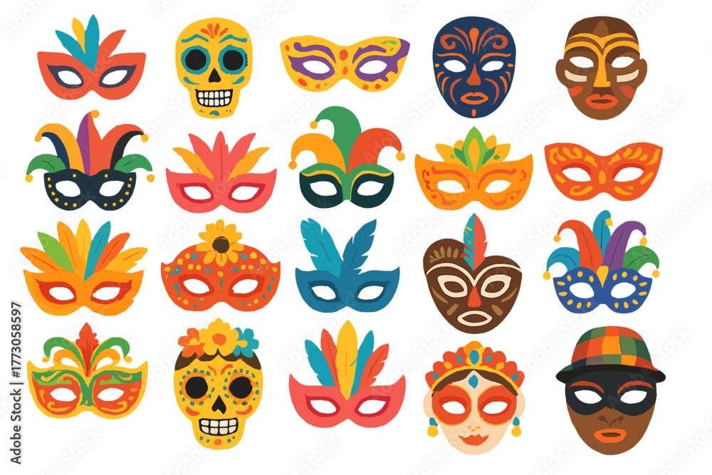 Fototapeta premium Carnival and cultural mask icon set – colorful masquerade, tribal, and festival illustrations
