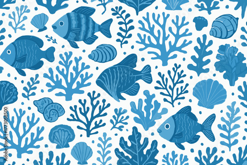 Colorful sea life pattern with fish and coral in shades of blue on a light background