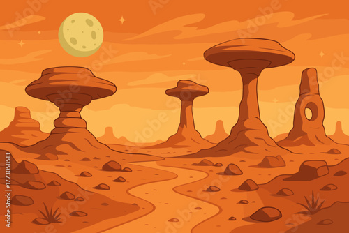 Desert landscape features unique rock formations and a glowing moon under an orange sky at twilight