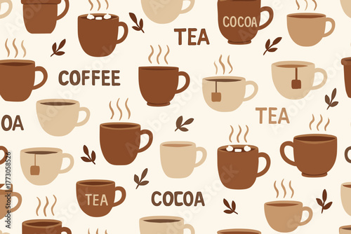 Warm drinks pattern featuring coffee, tea, and cocoa in various mugs with steaming cups on a light background