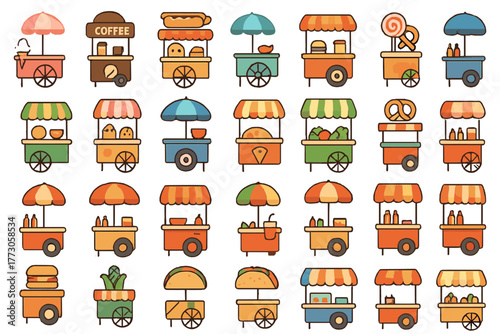 Colorful food carts displayed in a lively market scene featuring snacks and beverages on a sunny day