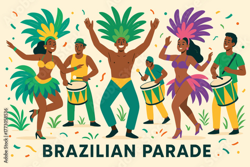 Celebrating the vibrant energy of a Brazilian parade with dancers and drummers in colorful costumes during a festive event