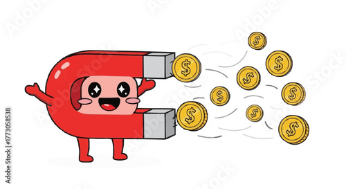 A red magnet cartoon character happily attracts golden dollar coins floating in the air on a transparent background.