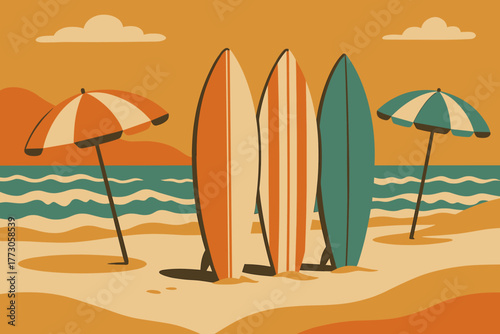 Colorful surfboards and beach umbrellas create a vibrant seaside scene during sunset