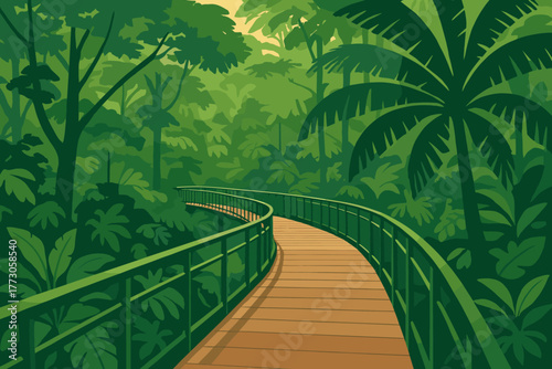 Lush green jungle path winding through dense tropical vegetation during the daytime