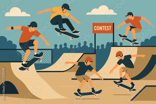 Exciting skateboard contest captures skilled athletes performing tricks at a vibrant skatepark