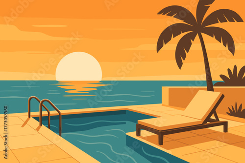 Relaxing by the pool at sunset with palm trees and calm ocean view in a tranquil setting
