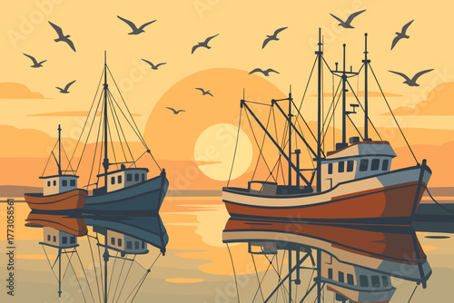 Colorful fishing boats docked at sunset with seagulls flying in the sky over calm waters