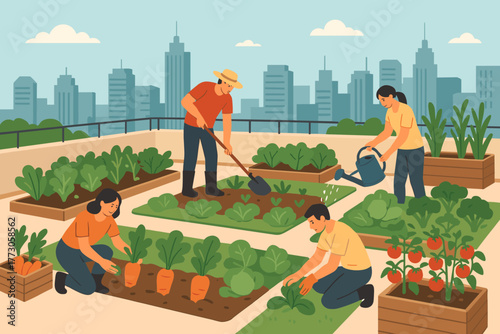 Urban gardening on a rooftop with enthusiastic gardeners tending to a vibrant vegetable patch