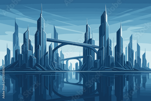 Futuristic city skyline with tall blue buildings and reflective water on a clear day