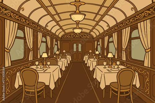 Luxurious dining car interior with elegant decor in a vintage train setting