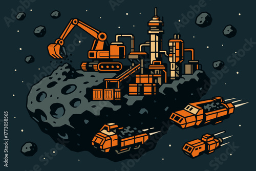 Mining operations on an asteroid with futuristic machinery and space vehicles