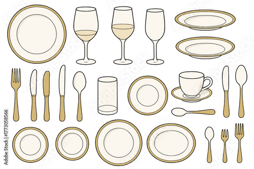 Elegant tableware set for a fine dining experience with various plates, glasses, and utensils arranged neatly