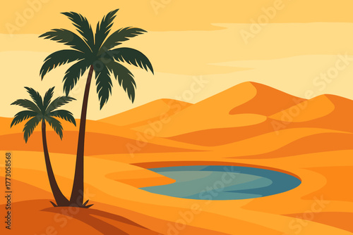 Vibrant desert landscape with palm trees and a serene blue oasis at sunset
