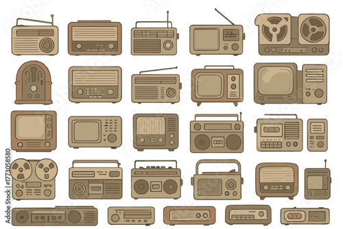 Collection of vintage radios and televisions displayed in a retro style, showcasing various designs and eras of home entertainment devices