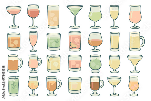Collection of colorful drinks displayed in various glassware on a white background for design inspiration