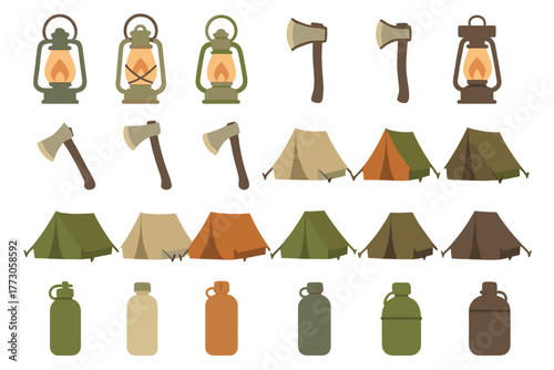 Camping gear and tools displayed in various styles for outdoor enthusiasts and adventurers