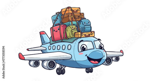 Cartoon airplane with luggage. Smiling plane with bags piled on top for a fun and whimsical travel illustration.