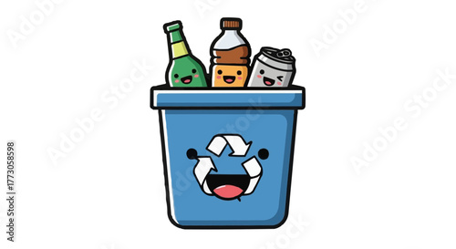 Adorable recycle bin cartoon filled with smiling glass, bottle and can. Eco-friendly design with happy recycling icon.
