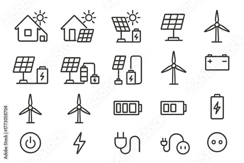Energy icons representing solar power, wind energy, and batteries used in sustainable technology for eco-friendly living