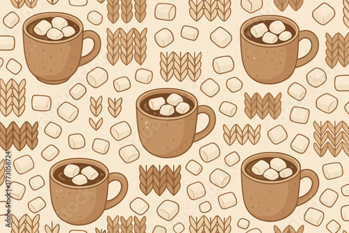 Seamless hot chocolate pattern with marshmallows and leaves