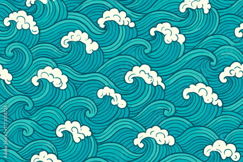 Swirling turquoise waves and fluffy white clouds create a dynamic ocean pattern that evokes tranquility and movement