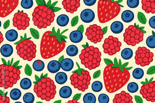Bright and colorful pattern of strawberries, raspberries, and blueberries on a light background