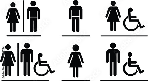 Restroom sign set with gender and accessibility symbols.