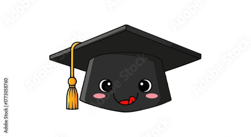 A cartoon graduation cap with a face and a tassel, expressing joy and excitement for its academic achievement.