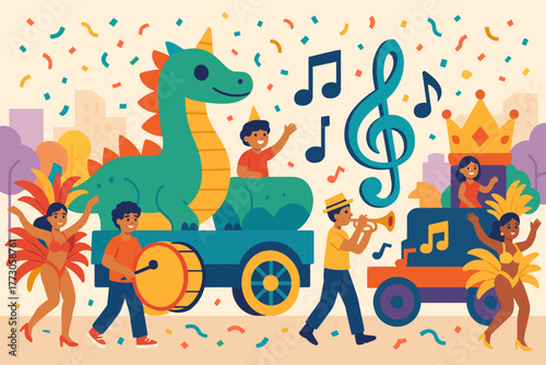 Vibrant parade featuring dancing figures, colorful floats, and lively music in a festive city setting