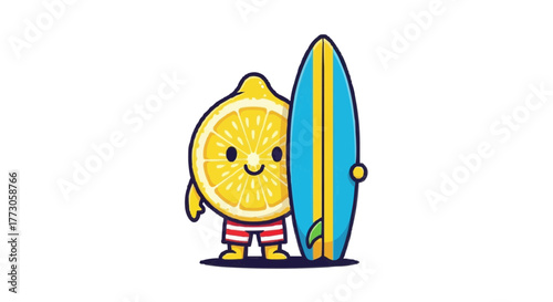 A cartoon lemon wearing shorts is holding a blue and yellow surfboard on a transparent background. Ready to surf!