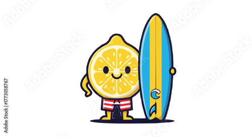 Cartoon lemon in swim trunks poses with a blue and yellow surfboard for a fun day out in the ocean waves.