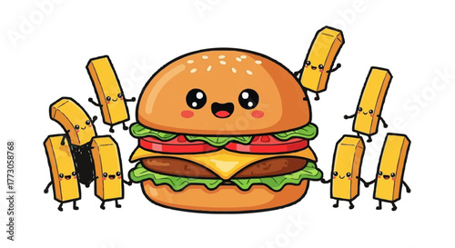 Adorable, cartoon burger with a smiling face and a gang of cute, walking fries around it on a transparent background.