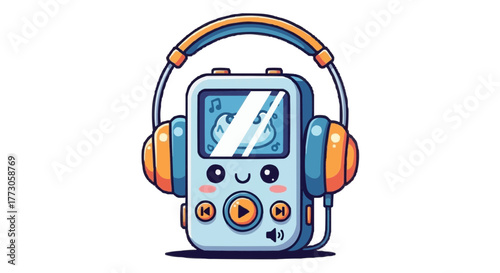 Cartoon music player with headphones, playing music with a smiling face and music notes on the screen.