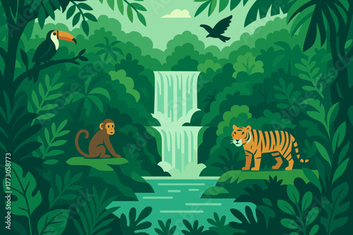 Tropical rainforest scene featuring a tiger, monkey, toucan, and waterfall in a lush green environment