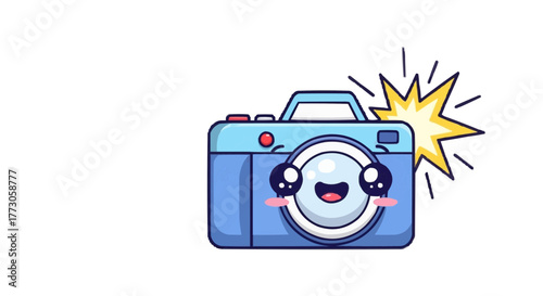 An adorable blue cartoon camera with big eyes and a smile takes a picture with a bright, yellow flash effect.