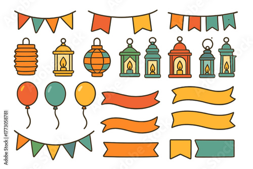 Colorful decorative elements for festive celebrations featuring lanterns, balloons, and banners suitable for various events