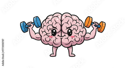 A cartoon brain character with a smiling face is working out, lifting dumbbells, to enhance its intellectual abilities.