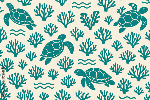 Colorful sea turtles swimming among vibrant coral patterns in a calm ocean background