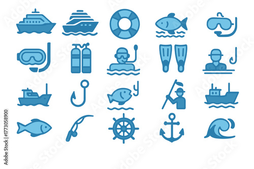 Marine and water activities icon set