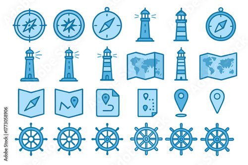 Nautical navigation and maritime exploration icon set