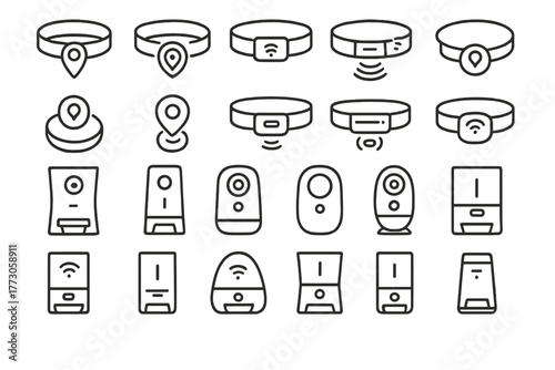 Smart pet collar and camera icons seamless pattern – pet tracking and monitoring