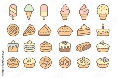 Cute pastel dessert and bakery icon set