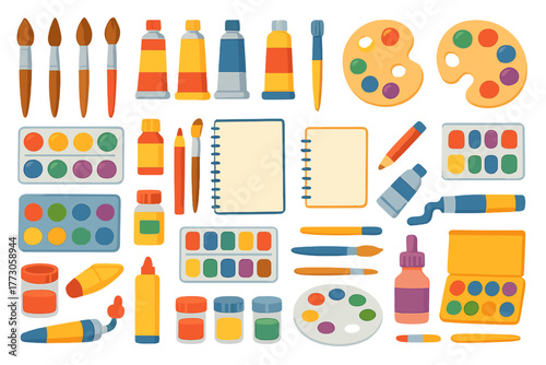 Seamless colorful art supplies pattern with paints and brushes