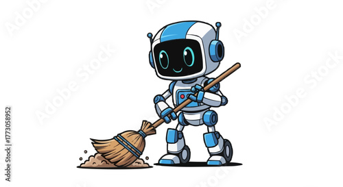 Cute cartoon robot character is shown sweeping. The robot is white and blue and looks diligent at its task.