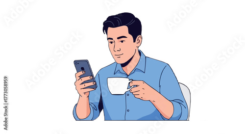 A man in a light blue shirt looks at his mobile phone while drinking from a white cup at the same time.