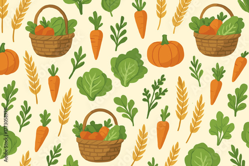 Seamless autumn vegetable pattern with baskets, carrots, and greens