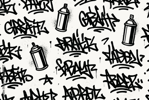 Graffiti spray can and tag pattern in black and white
