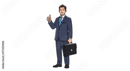 A smiling man in a suit gives a thumbs up and holds a briefcase, looking positive and ready for a day's work.