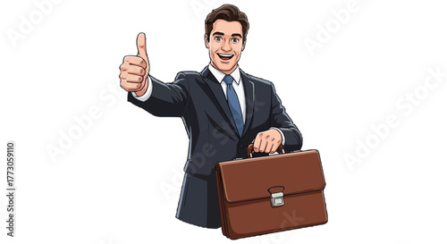 Cartoon business man giving a thumbs up holding a briefcase, symbolizing success, approval and positive accomplishment.